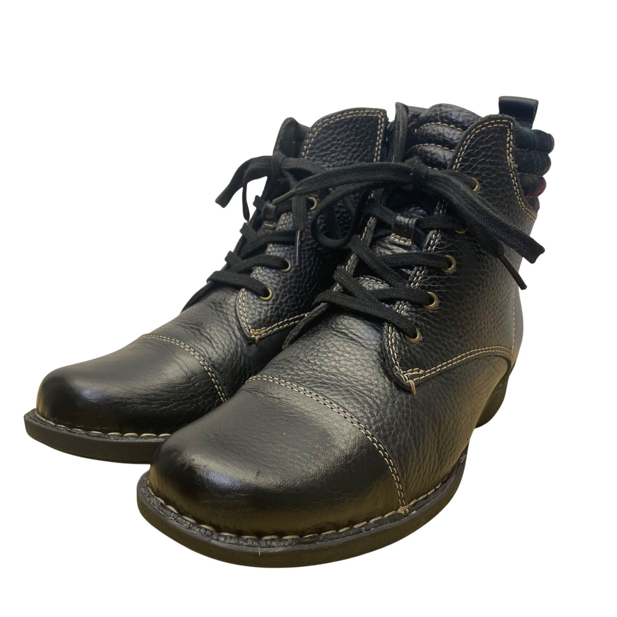 Clarks Women’s Black Leather Plaid Accents Lace-Up Ankle Boots Size 8.5 W