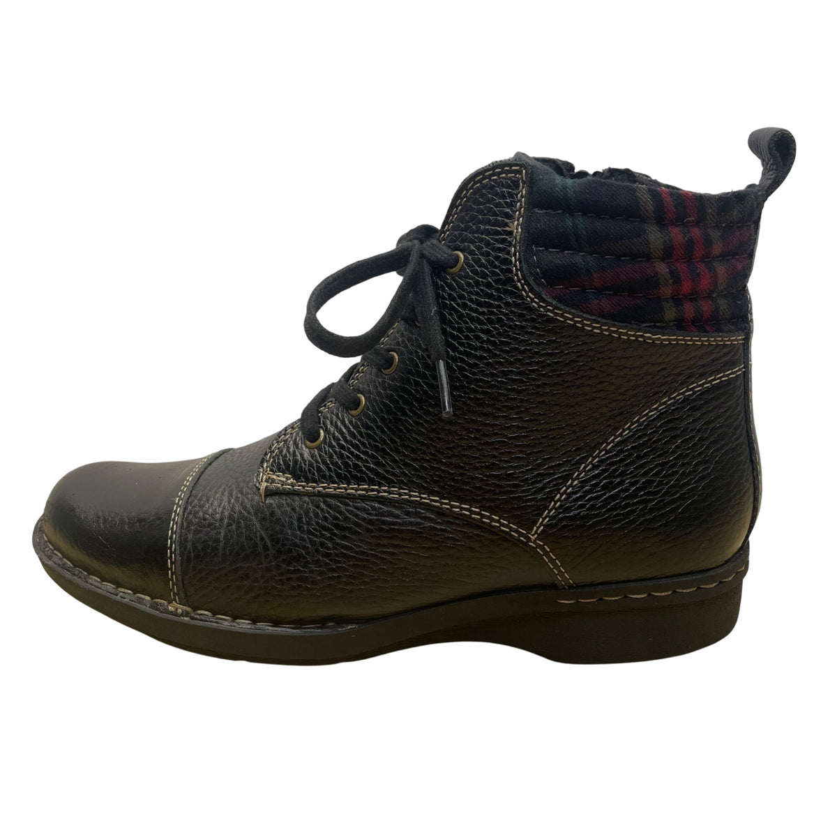 Clarks Women’s Black Leather Plaid Accents Lace-Up Ankle Boots Size 8.5 W