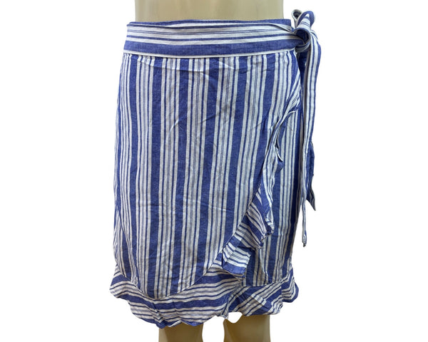 Loft Blue & White Striped Wrap Skirt With Ruffle Hem & Side Tie  Size 12