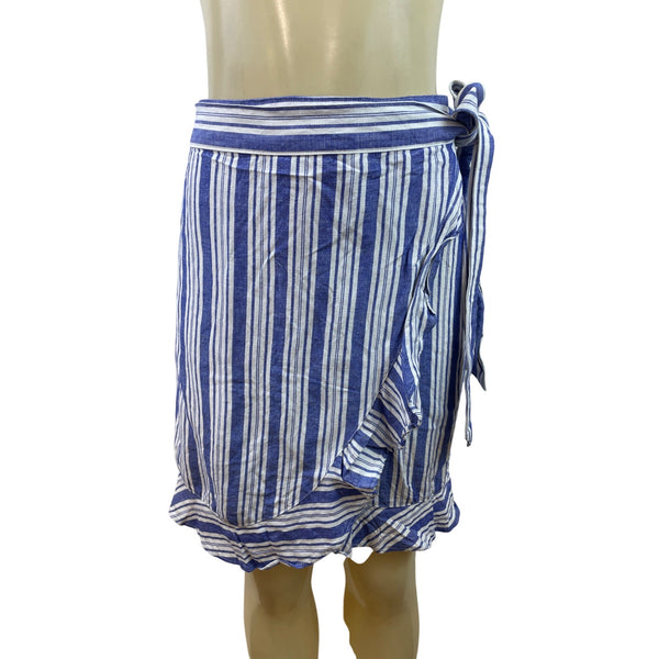 Loft Blue & White Striped Wrap Skirt With Ruffle Hem & Side Tie  Size 12