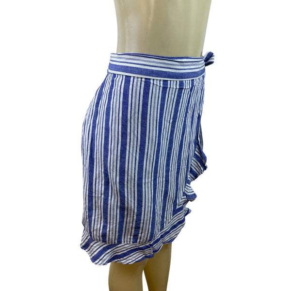 Loft Blue & White Striped Wrap Skirt With Ruffle Hem & Side Tie  Size 12