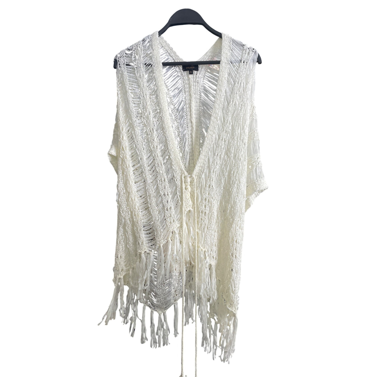 Open Weft Womens White Fringe Knit Cardigan