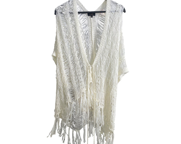 Open Weft Womens White Fringe Knit Cardigan