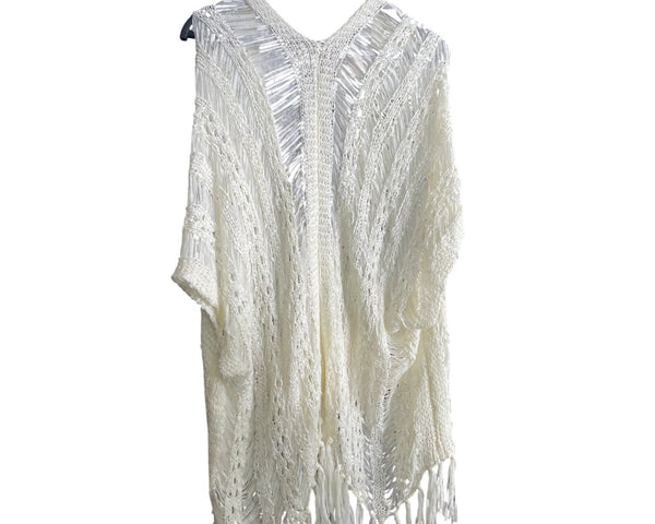Open Weft Womens White Fringe Knit Cardigan