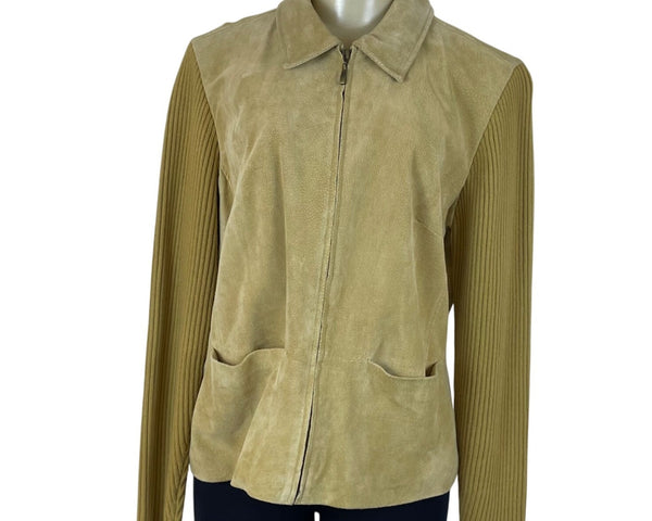 J. Marco Catalog Womens Beige Leather Jacket Zip Front Ribbed Sleeves Size XL
