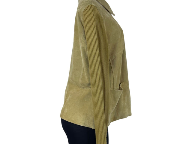 J. Marco Catalog Womens Beige Leather Jacket Zip Front Ribbed Sleeves Size XL