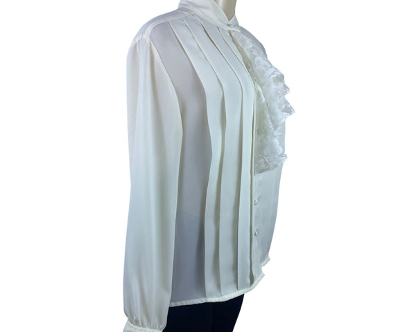Vintage Laura & Jayne Collection White Pleated Blouse With Lace Tie Neck Sz 12
