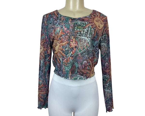 Women's Multicolored Sheer Round Neck Sun Moon Print Blouse Sz L