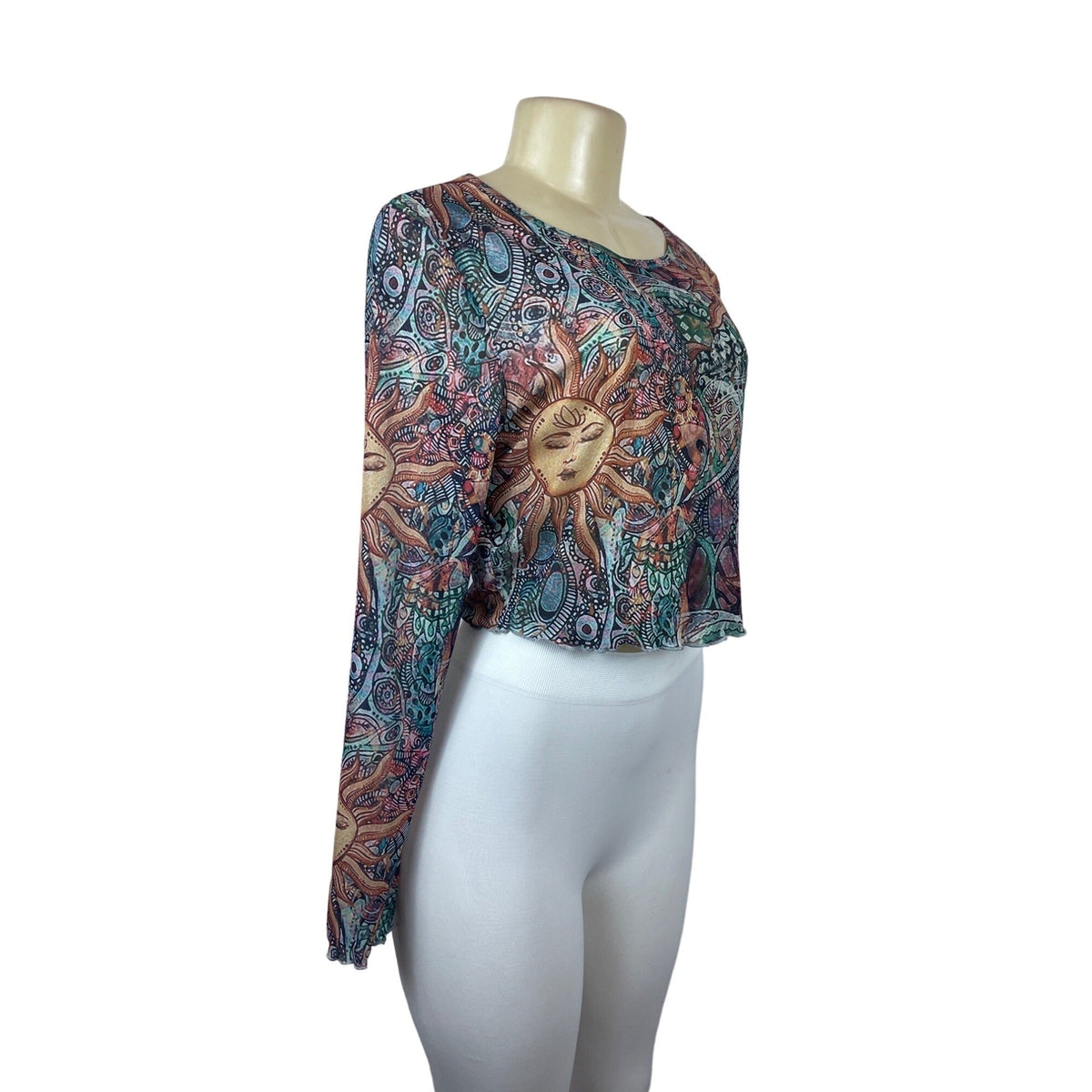 Women's Multicolored Sheer Round Neck Sun Moon Print Blouse Sz L