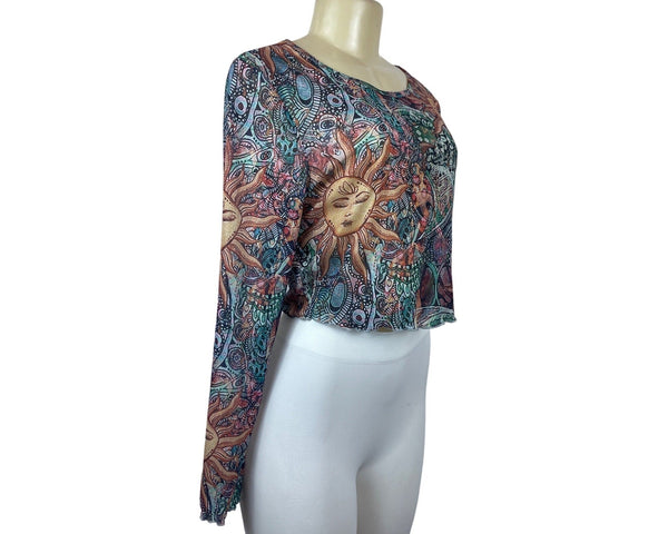 Women's Multicolored Sheer Round Neck Sun Moon Print Blouse Sz L