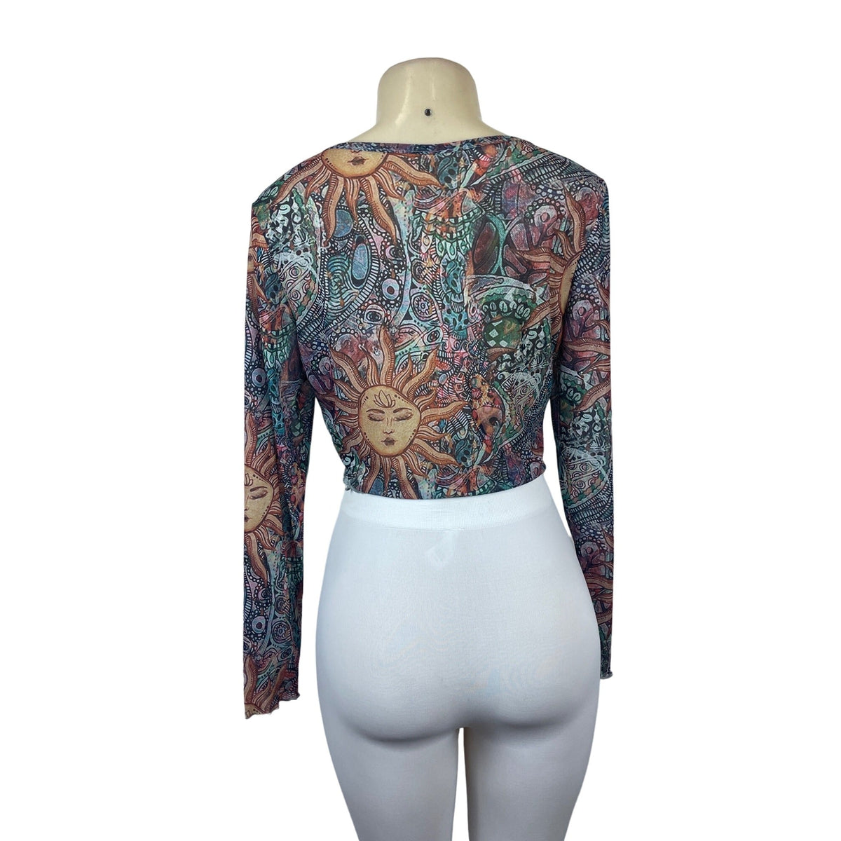 Women's Multicolored Sheer Round Neck Sun Moon Print Blouse Sz L