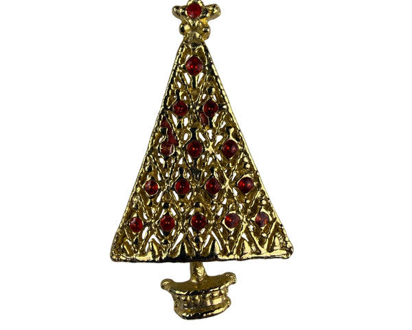 Vintage Gold Tone Christmas Tree Brooch Pin Red Rhinestone Accents Festive Design