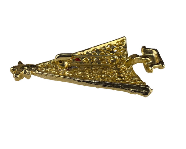 Vintage Gold Tone Christmas Tree Brooch Pin Red Rhinestone Accents Festive Design