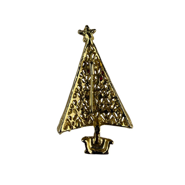 Vintage Gold Tone Christmas Tree Brooch Pin Red Rhinestone Accents Festive Design