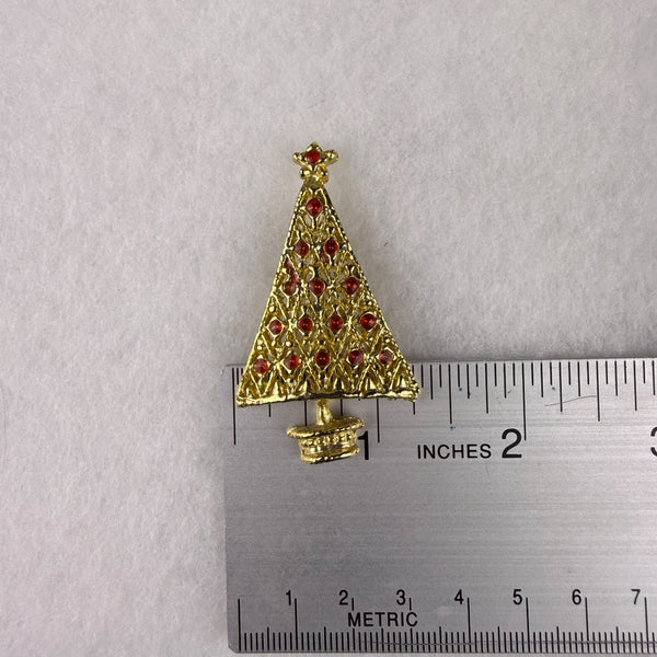 Vintage Gold Tone Christmas Tree Brooch Pin Red Rhinestone Accents Festive Design