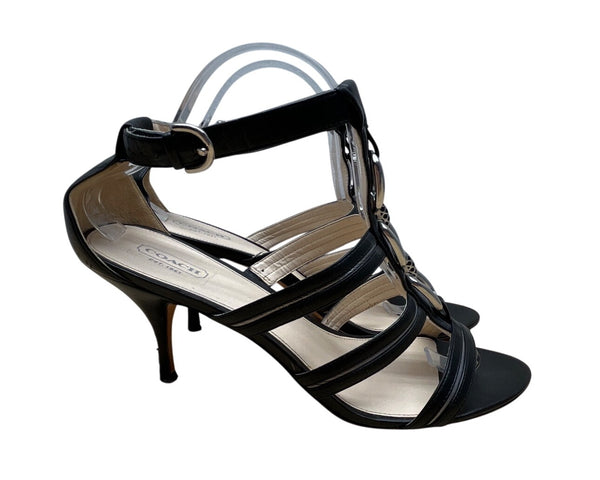 Coach Women’s Black Leather Blake Strappy Open-Toe Chain Detail Heels Size 10B