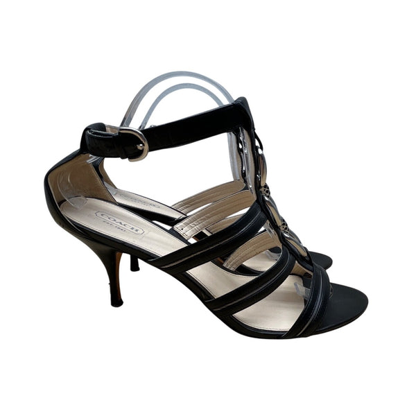 Coach Women’s Black Leather Blake Strappy Open-Toe Chain Detail Heels Size 10B