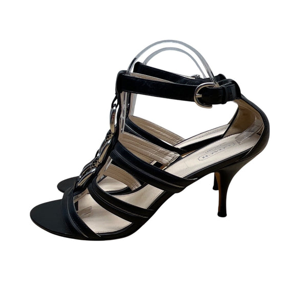 Coach Women’s Black Leather Blake Strappy Open-Toe Chain Detail Heels Size 10B