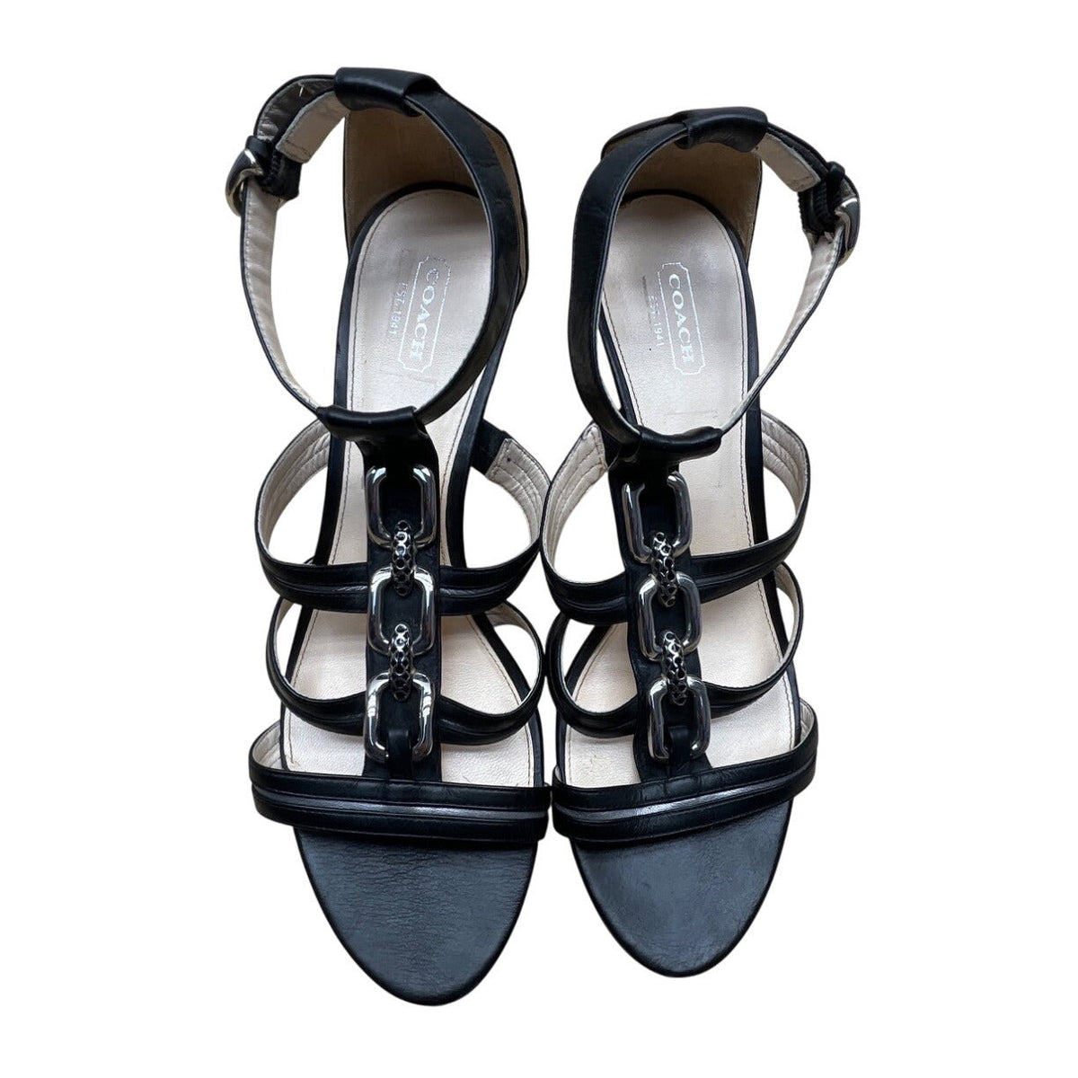 Coach Women’s Black Leather Blake Strappy Open-Toe Chain Detail Heels Size 10B
