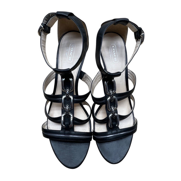 Coach Women’s Black Leather Blake Strappy Open-Toe Chain Detail Heels Size 10B