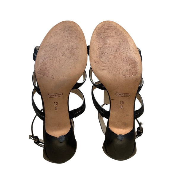 Coach Women’s Black Leather Blake Strappy Open-Toe Chain Detail Heels Size 10B