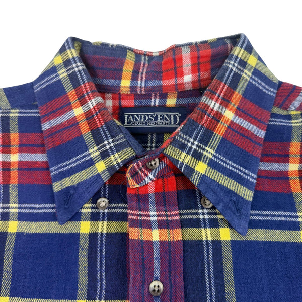 Lands End Mens Blue Red Plaid Cotton Button-Up Shirt Long Sleeve Size L