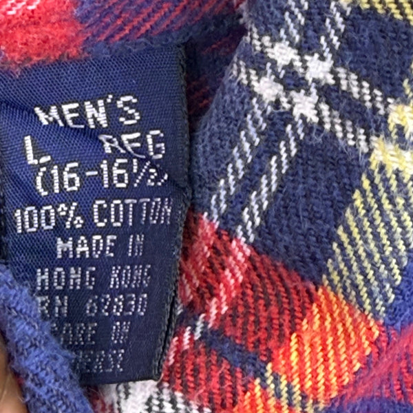 Lands End Mens Blue Red Plaid Cotton Button-Up Shirt Long Sleeve Size L