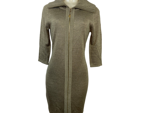 Calvin Klein Women's Gold Metallic Knit Zip-Up Sweater Dress Sz S