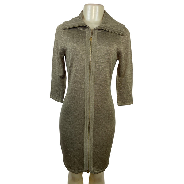 Calvin Klein Women's Gold Metallic Knit Zip-Up Sweater Dress Sz S