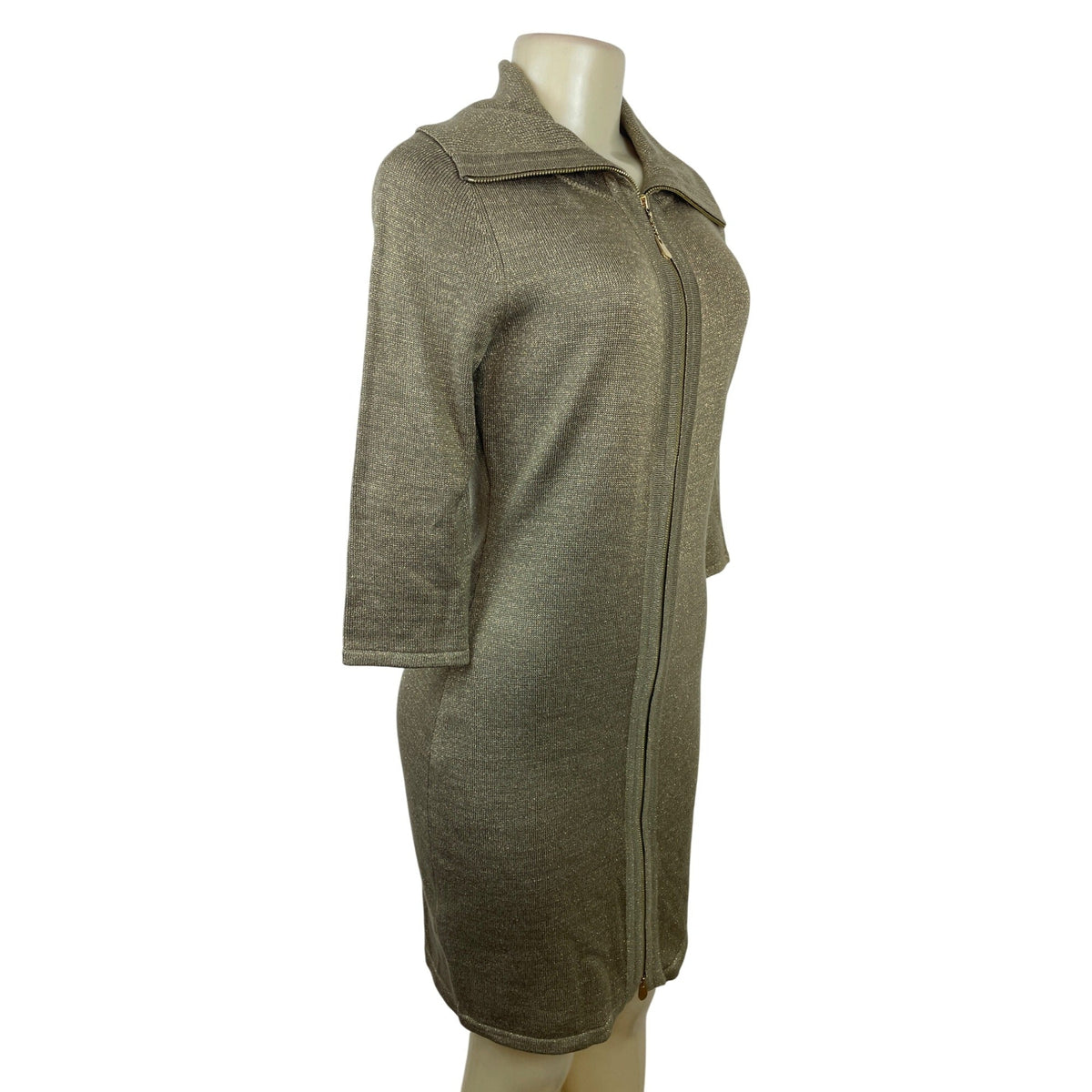 Calvin Klein Women's Gold Metallic Knit Zip-Up Sweater Dress Sz S