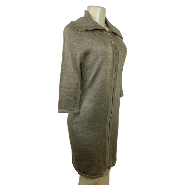 Calvin Klein Women's Gold Metallic Knit Zip-Up Sweater Dress Sz S