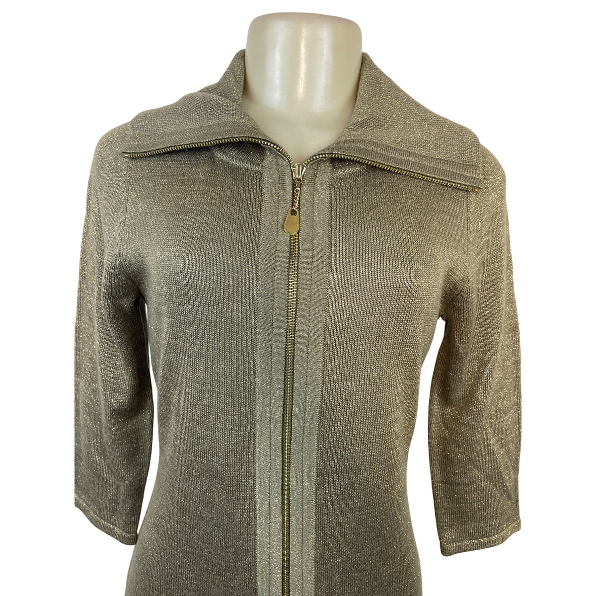 Calvin Klein Women's Gold Metallic Knit Zip-Up Sweater Dress Sz S