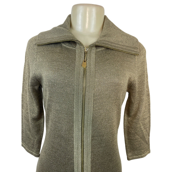 Calvin Klein Women's Gold Metallic Knit Zip-Up Sweater Dress Sz S
