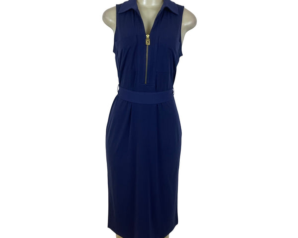 Michael Kors Womens Navy Zip-Front Sleeveless Belted Midi Dress Size S