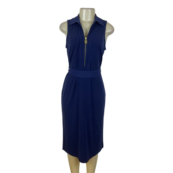 Michael Kors Womens Navy Zip-Front Sleeveless Belted Midi Dress Size S