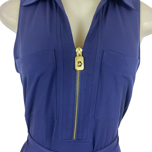Michael Kors Womens Navy Zip-Front Sleeveless Belted Midi Dress Size S