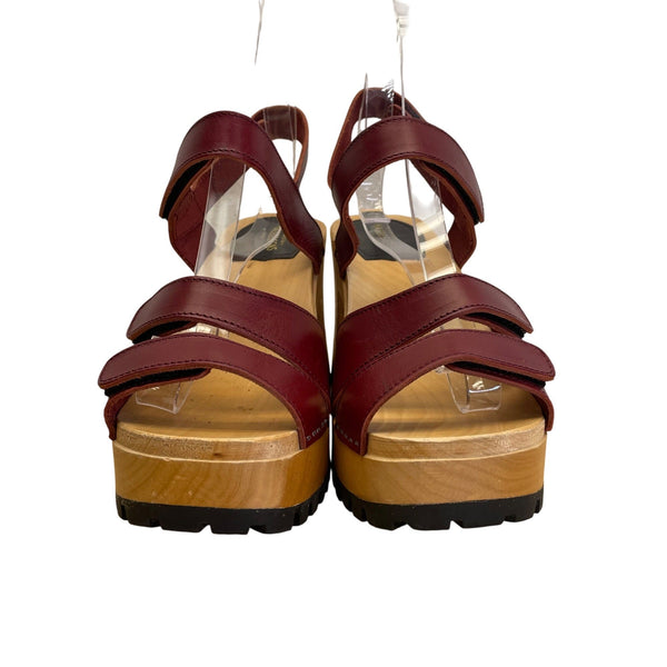 Hasbeens Swedish Women’s Burgundy Leather Wooden Platform Sandals Size US 10