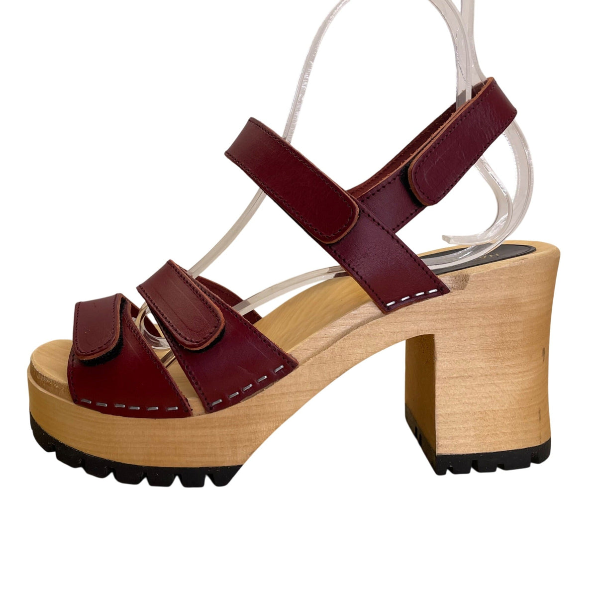 Hasbeens Swedish Women’s Burgundy Leather Wooden Platform Sandals Size US 10