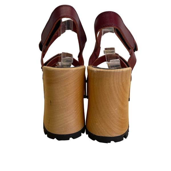Hasbeens Swedish Women’s Burgundy Leather Wooden Platform Sandals Size US 10