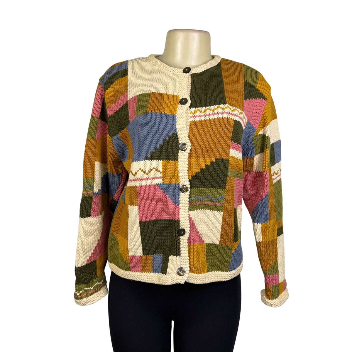 Jos.A.Bank Multicolor Cotton Button-Up Patchwork Sweater Unique Design Size M