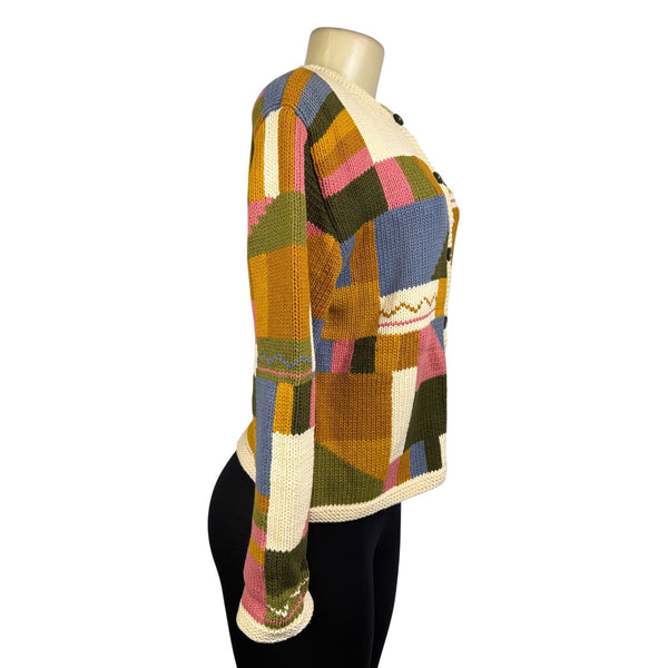 Jos.A.Bank Multicolor Cotton Button-Up Patchwork Sweater Unique Design Size M