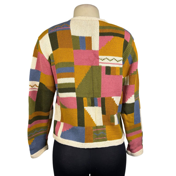 Jos.A.Bank Multicolor Cotton Button-Up Patchwork Sweater Unique Design Size M
