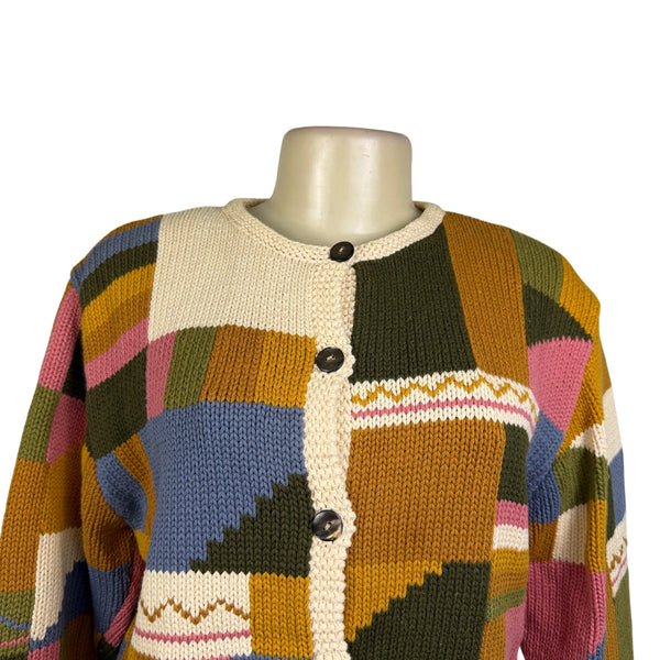 Jos.A.Bank Multicolor Cotton Button-Up Patchwork Sweater Unique Design Size M