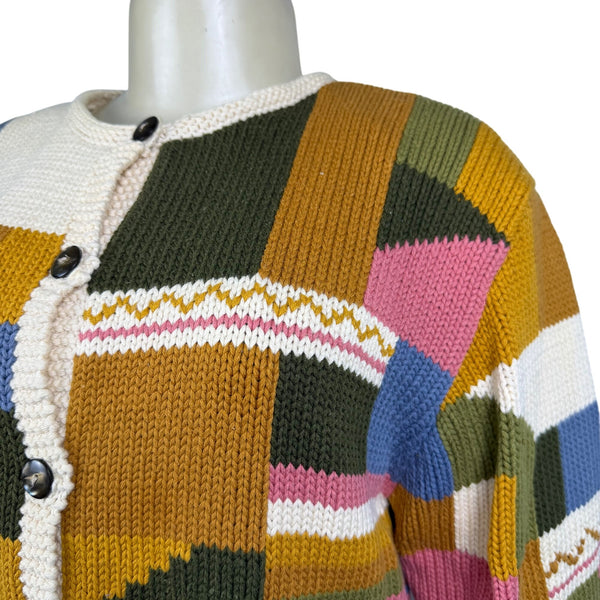 Jos.A.Bank Multicolor Cotton Button-Up Patchwork Sweater Unique Design Size M