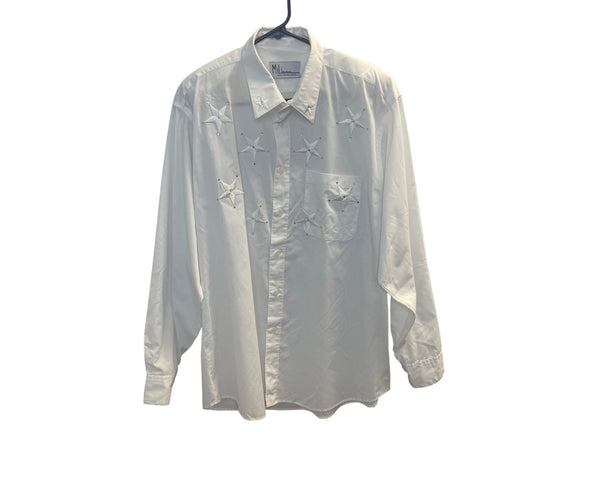 MiLi Designs Embroidered Star Long Sleeve Button-Up Shirt White Medium Cotton