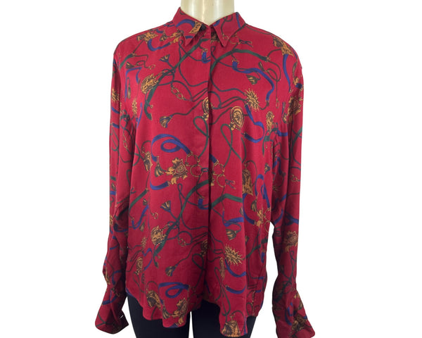Graham & Gunn Red Button Up Shirt With Gold & Blue Abstract Print Size 14