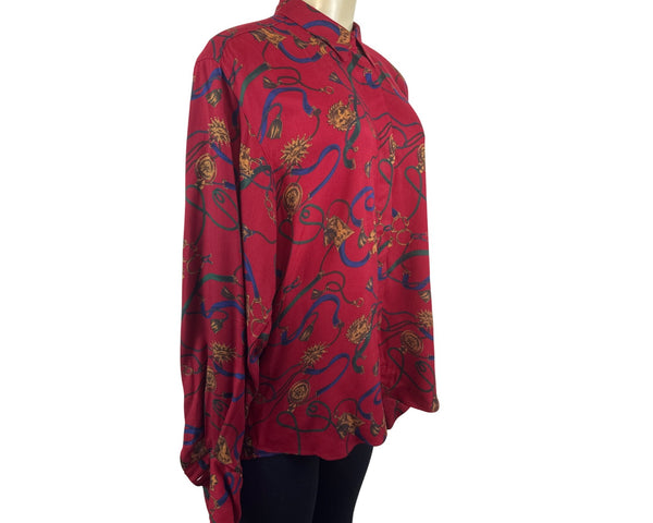 Graham & Gunn Red Button Up Shirt With Gold & Blue Abstract Print Size 14