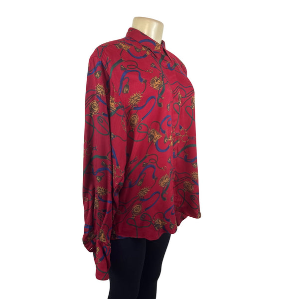 Graham & Gunn Red Button Up Shirt With Gold & Blue Abstract Print Size 14