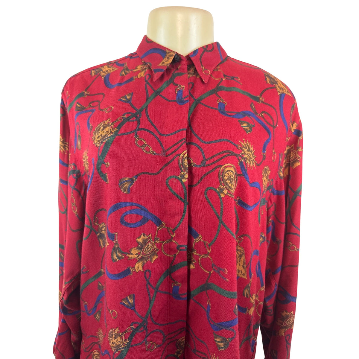 Graham & Gunn Red Button Up Shirt With Gold & Blue Abstract Print Size 14