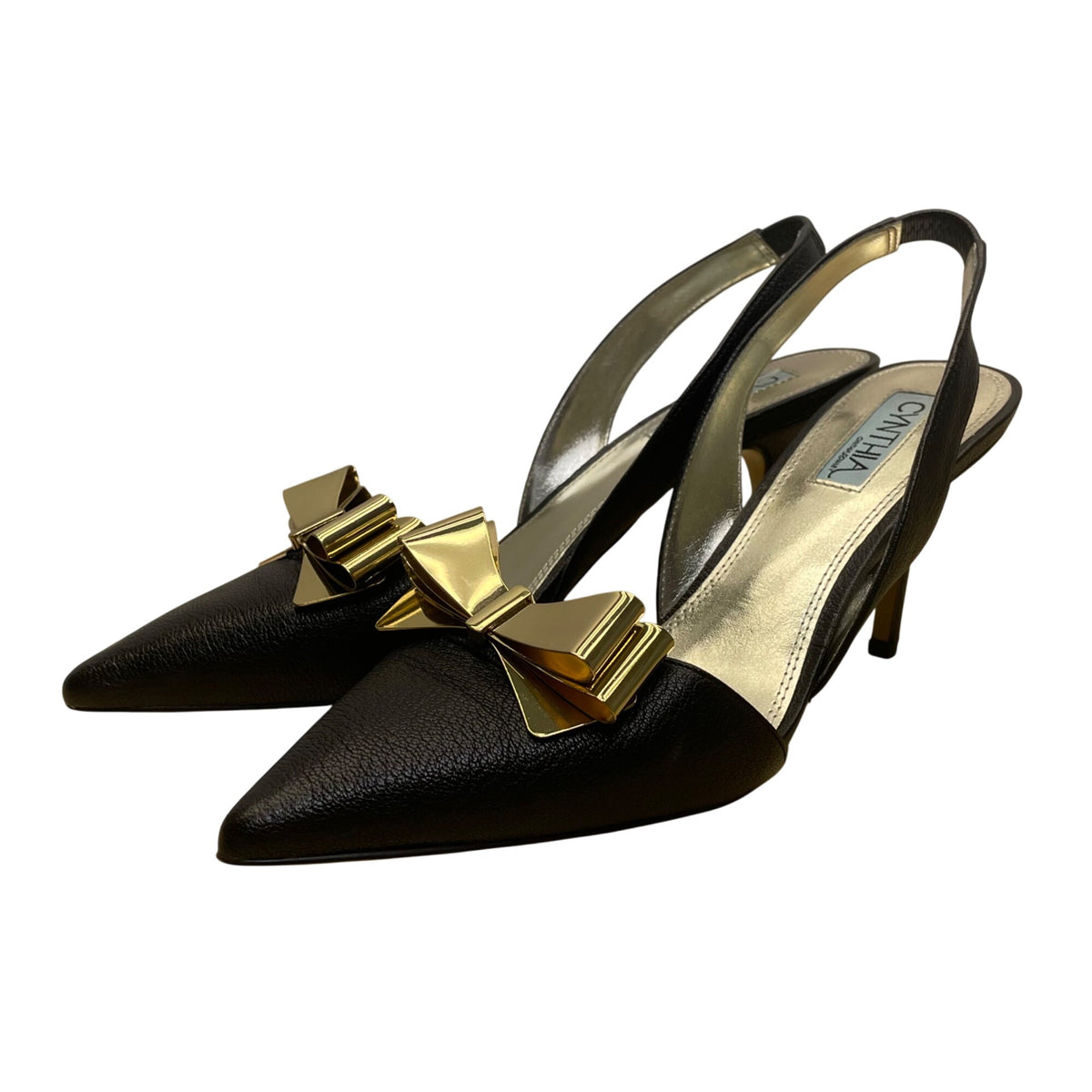 Cynthia Rowley Women’s Black Leather Gold Bow Slingback Pointed Toe Heels Sz 9M